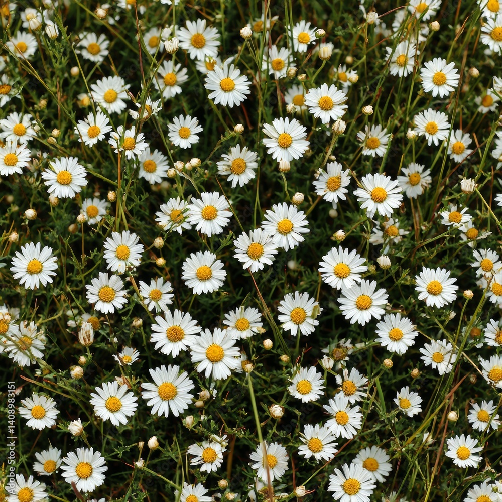 Little daisies on the field. Tiny white flowers with a yellow center Little daisies on the field. Tiny white flowers with a yellow center