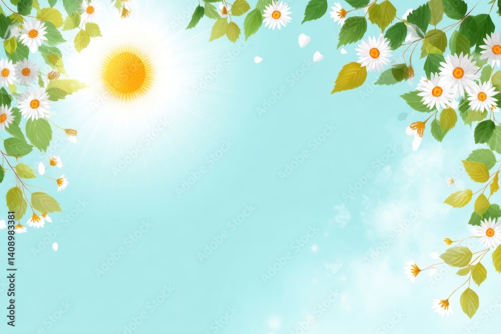 A bright sunny day featuring vibrant flowers and lush green leaves, Hello Summer background.
