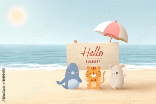 Three animals on a beach beside a sign, showcasing a playful coastal scene, Hello Summer background.