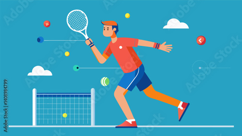 A tennis player hitting serves and volleys on a court equipped with pressuresensitive sensors monitoring the strength and accuracy of each shot.. Vector illustration