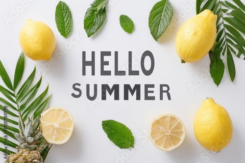 A pineapple and lemons on a white surface create a vibrant and fresh display, Hello Summer background.