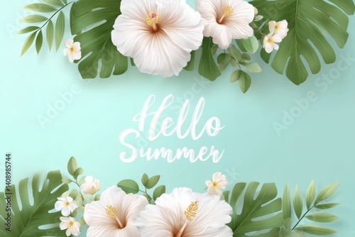 Two white flowers with green leaves on a vibrant blue background create a striking visual contrast, Hello Summer background.