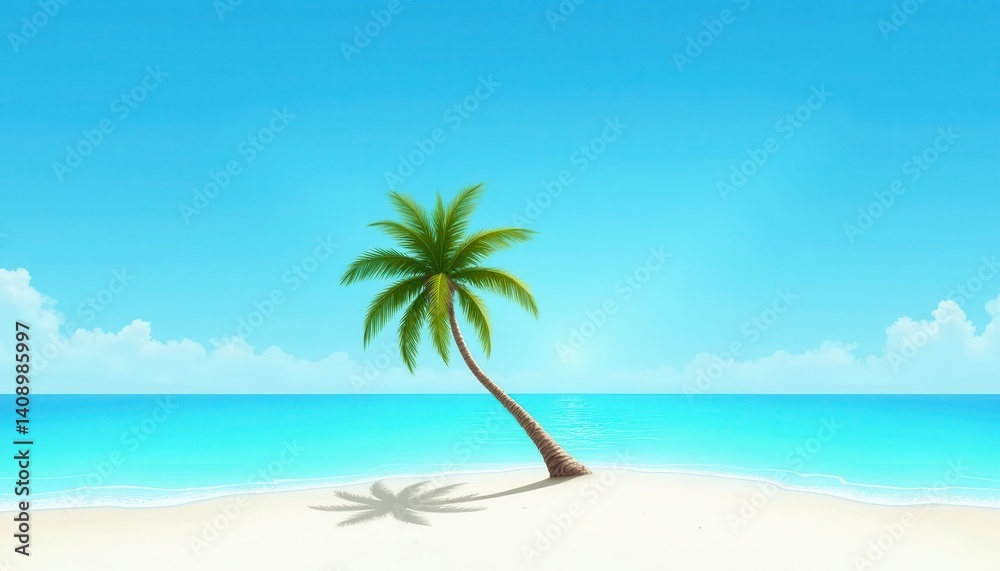 Fototapeta premium Serene Tropical Beach with Palm Tree and Calm Blue Ocean Under Clear Sky