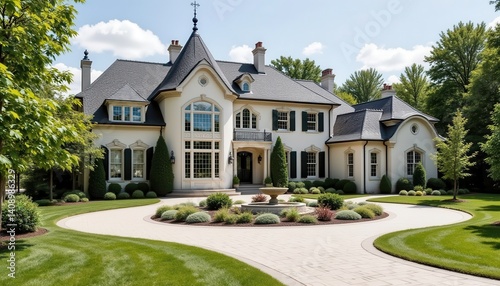 The elegant mansion, with its large windows and intricate architecture, was complemented by a sweeping driveway that curved around the property.