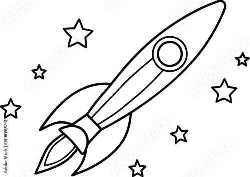 rocket icon line art vector, rocket and galaxy outline coloring book page