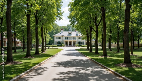 A sprawling estate featuring an elegant mansion, with a sweeping driveway lined with trees on either side, creating a tunnel of shade.