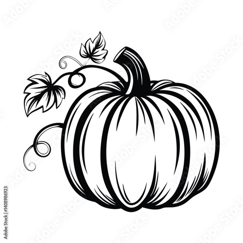 HandDrawn Black and White Pumpkin Outline with Leafy Vines on White Background