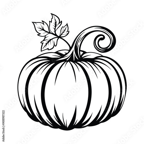 Stylized Pumpkin Silhouette with Curly Stem and Leaves, Black and White Outline Art