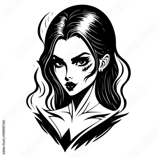 Enigmatic Goth Woman Portrait Black and White Art