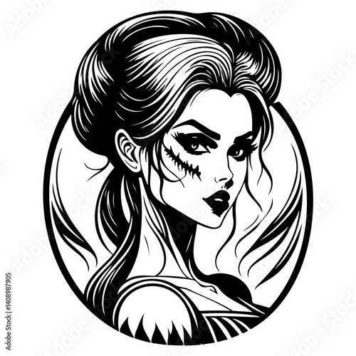 Intricate line-art, mysterious beauty portrait