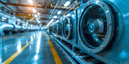 Long rows of cooling tower sets, cooling fans in the data center room