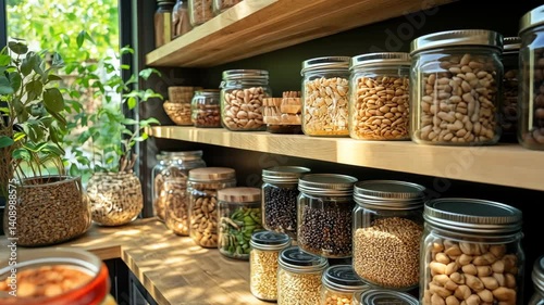 Organized Pantry: A Well-Stocked Kitchen with Glass Jars of Grains, Legumes, and Nuts