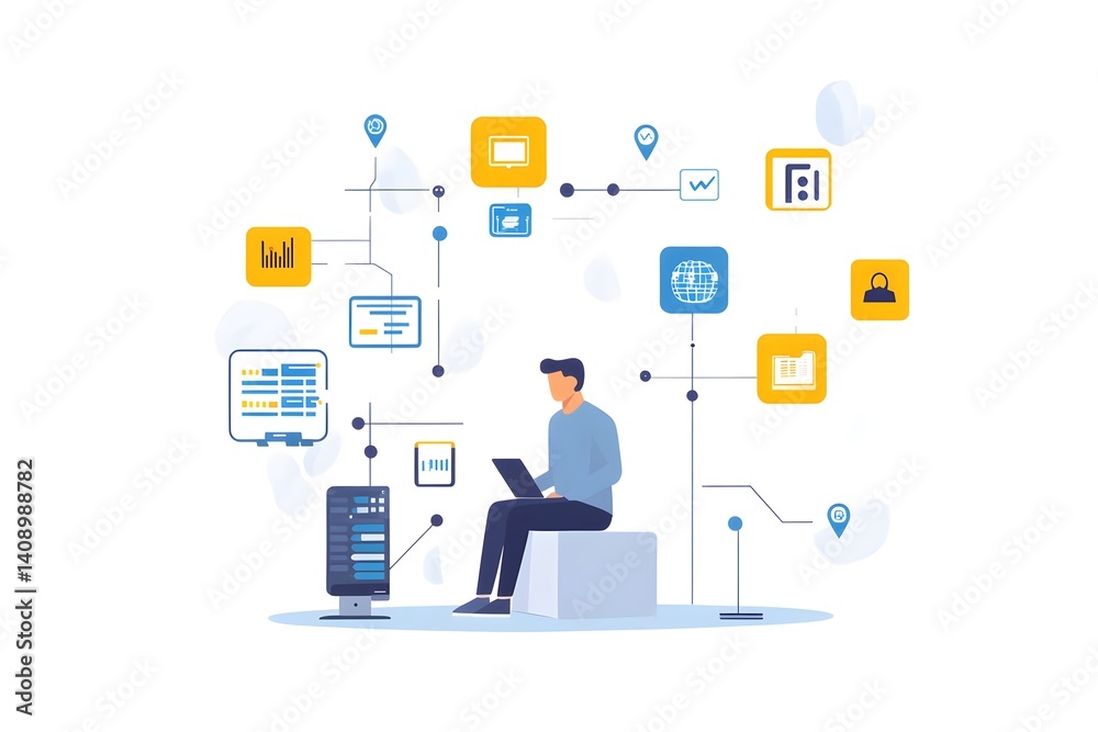 Man Working with Connected Data Icons Man Working with Connected Data Icons