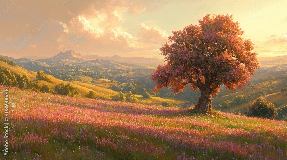 Scenic landscape with a blooming tree on a hillside covered with flowers under a golden sunset sky in a rural countryside. Scenic landscape with a blooming tree on a hillside covered with flowers under a golden sunset sky in a rural countryside.