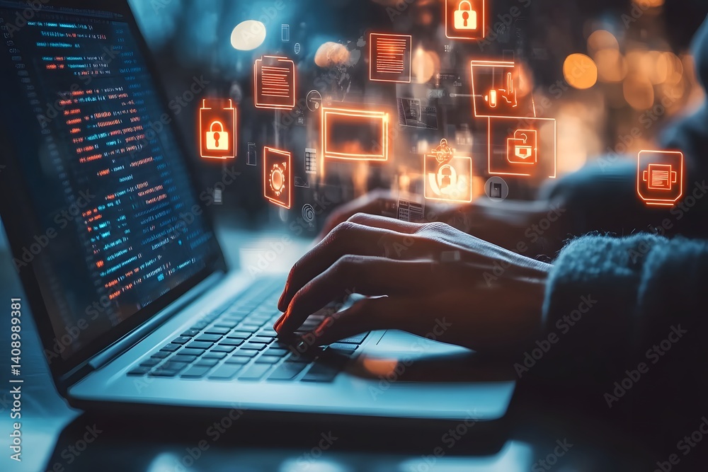 Data Security: Hands Typing on Laptop Data Security: Hands Typing on Laptop