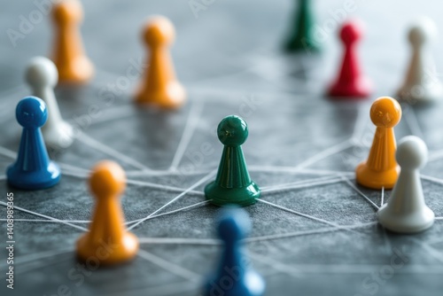 Network of connections represented by colorful game pieces on a grey background, network of connections on grey background photo