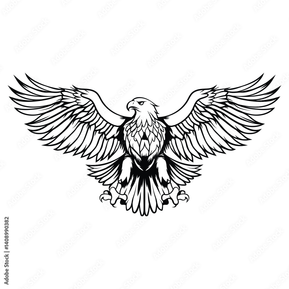 Obraz premium This project features a bold, symmetrical line art illustration of an eagle with its wings fully spread, showcasing a powerful and commanding pose