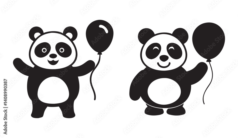 Naklejka premium Cute Panda with Balloon Vector Set – Fun Cartoon Bear Illustrations for Kids and Party Designs
