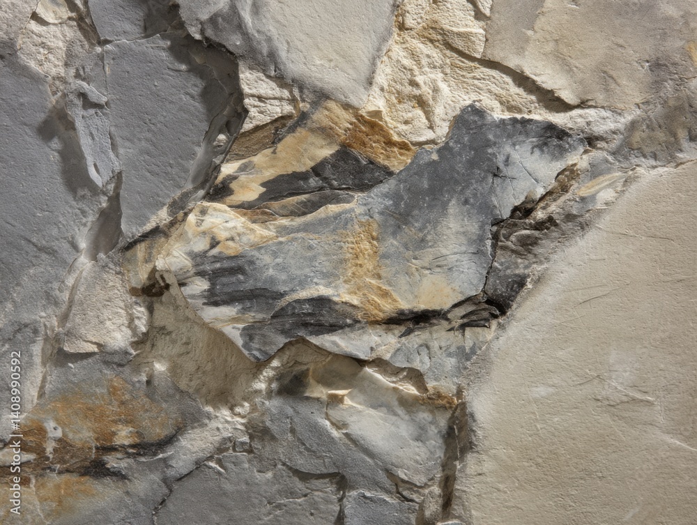 Fototapeta premium Stone Wall Texture: Grey, Beige, and Brown Fractured Rock Surface