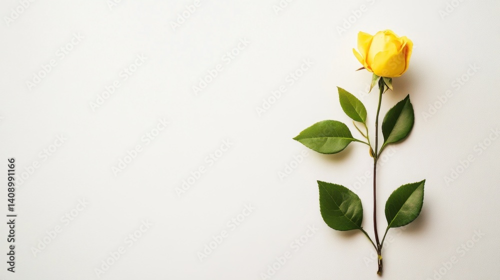 Obraz premium A stunning yellow rose with lush green leaves beautifully arranged on a clean white background. Perfect for themes of love, nature, and celebration.