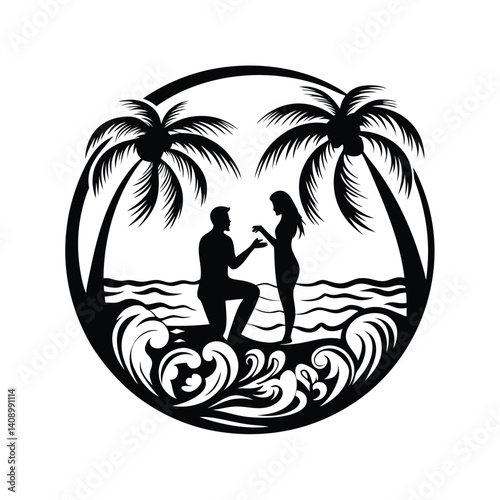 Romantic Seaside Man Kneeling Before Woman, Palm Trees, Waves, Circle Silhouette