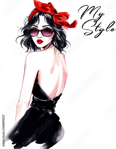 Hand-drawn girl with red bow and sunglasses