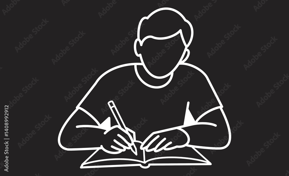 ノートに文字を書く男性の線画イラスト ノートに文字を書く男性の線画イラスト