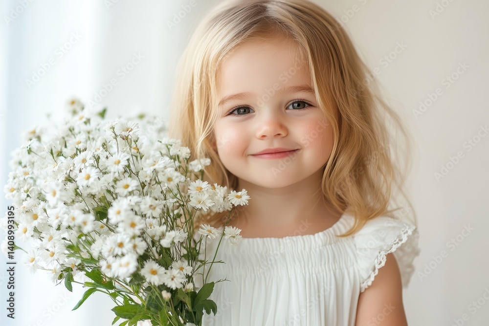Cute blonde girl holds white daisy flowers, smiling softly. Ideal for children's products, beauty ads, or happy family themes. Cute blonde girl holds white daisy flowers, smiling softly. Ideal for children's products, beauty ads, or happy family themes.