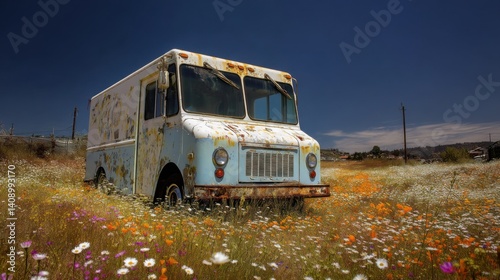Abandoned Ice Cream Truck Surrounded by Colorful Wildflowers in a Blossoming Field Under Bright Summer Sun, Capturing the Essence of Nostalgia and Nature's Beauty in a Rustic Setting