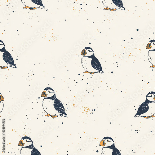 Playful seamless pattern of waddling puffins with hand drawn splashes background