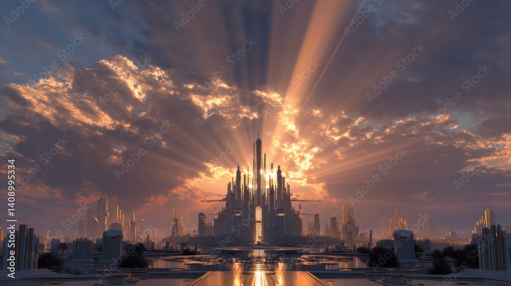 Fototapeta premium A Dazzling Art Deco Style Future Metropolis at Sunset: Striking Sunburst Motifs and Ethereal Atmosphere with Ultra HD Clarity, Stunning Backlit Effects, and Vibrant Tones in a 3D Rendered Landscape