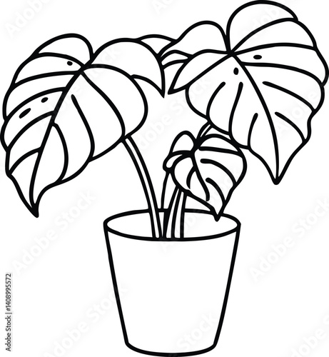 potted plant monstera outline coloring book page, potted plant monstera line art drawing