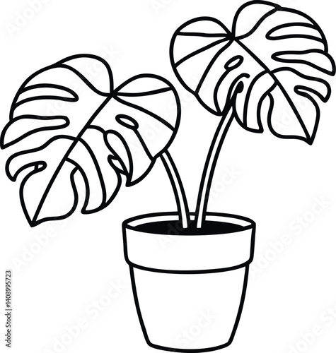 potted plant monstera outline coloring book page, potted plant monstera line art drawing