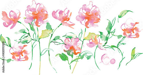 水彩画。水彩タッチのベクターピンクの花イラスト。草木のベクターイラスト。花の切り取りセット。Watercolor painting. Vector pink flower illustration with watercolor touch. Vector illustration of plants and trees. Flower cutout set.