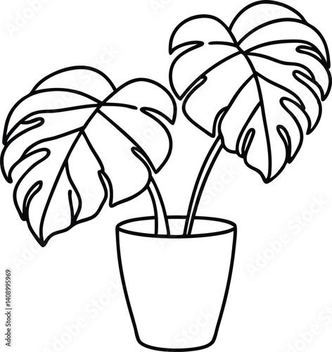 potted plant monstera outline coloring book page, potted plant monstera line art drawing