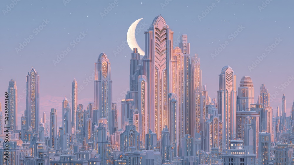 Obraz premium Futuristic Art Deco Metropolis Under Moonlight: Serene and Highly Detailed Cityscape with Chevron Patterns and Pastel Colors in Digital Medium – Captivating Nighttime Urban Atmosphere