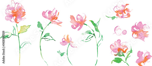 水彩画。水彩タッチのベクターピンクの花イラスト。草木のベクターイラスト。花の切り取りセット。Watercolor painting. Vector pink flower illustration with watercolor touch. Vector illustration of plants and trees. Flower cutout set.