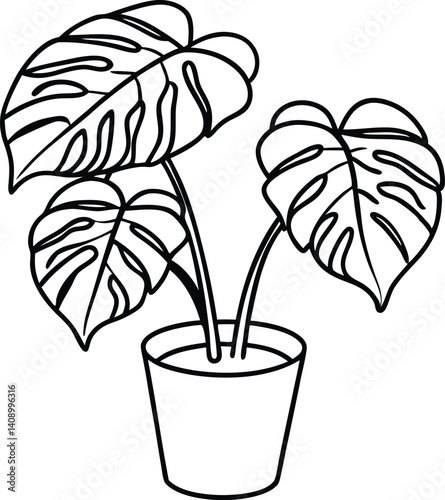 potted plant monstera outline coloring book page, potted plant monstera line art drawing