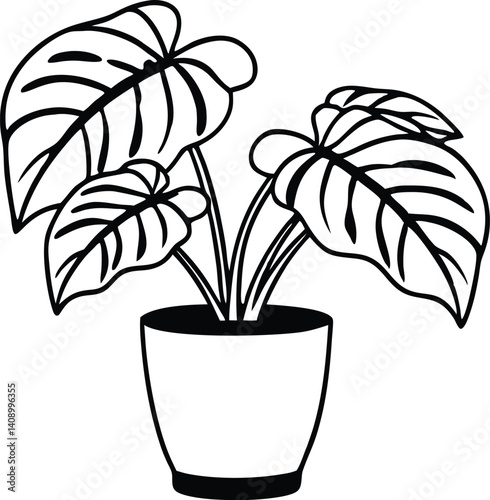 potted plant monstera outline coloring book page, potted plant monstera line art drawing