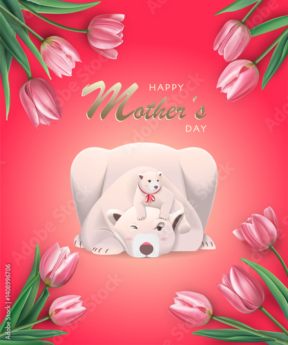 Happy mother's day card template with elegant tulip flowers, mother polar bear and baby polar bear on red background. Vector illustration of beautiful flowers and typography design. Perfect for cover.
