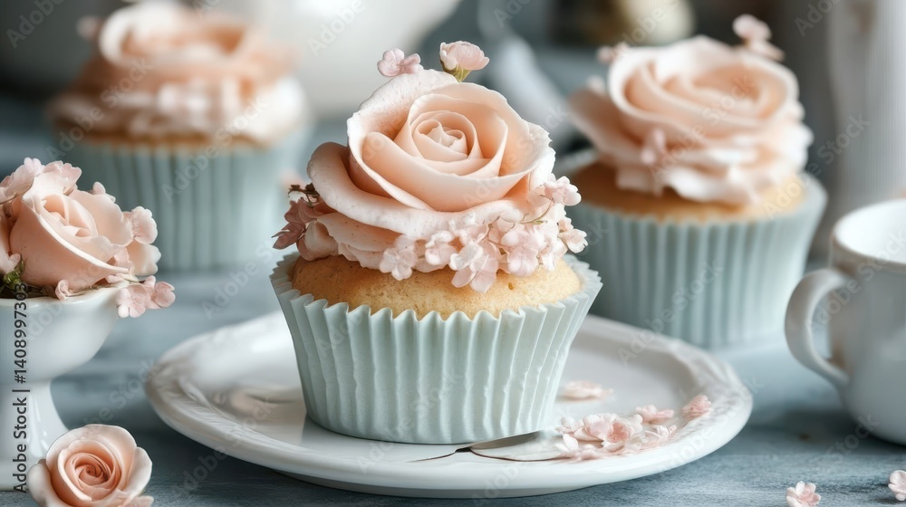 Cupcakes decorated with pink flowers arranged on a plate. Cupcakes decorated with pink flowers arranged on a plate.
