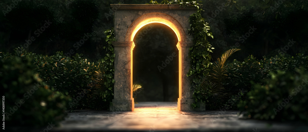 Fototapeta premium Illuminated Stone Archway in Lush Garden