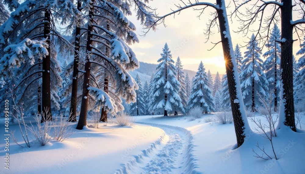Winter snow-covered forest landscape with bare trees and frosty atmosphere , winter, forest, nature Winter snow-covered forest landscape with bare trees and frosty atmosphere , winter, forest, nature