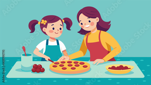 A young girl carefully sing a vibrant red bean and cheese mixture onto delicate circles of dough her mother watching proudly as she learns the family recipe.. Vector illustration