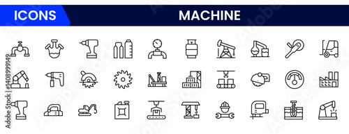 Vector illustration web line icon collection featuring machinery symbols like gears, tools, engines, construction, automation, and industrial equipment.
