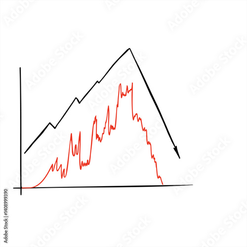 Vector financial chart showing extreme price fluctuations, with steep upward trend followed by rapid decline hand drawn illustration. For articles on market trends, trading education, strategies