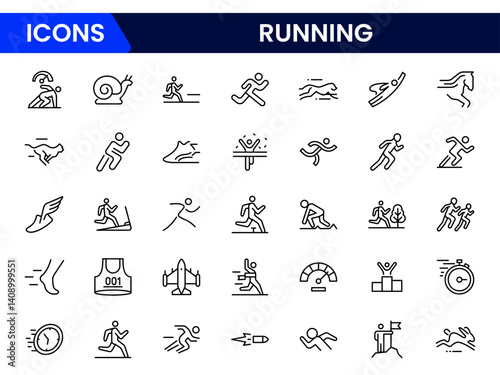 Vector illustration web line icon collection featuring speed-related symbols like fast cars, speedometers, acceleration, and motion indicators for dynamic performance.