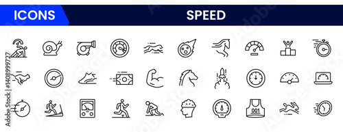 Vector illustration web line icon collection featuring speed-related symbols like fast cars, speedometers, acceleration, and motion indicators for dynamic performance.