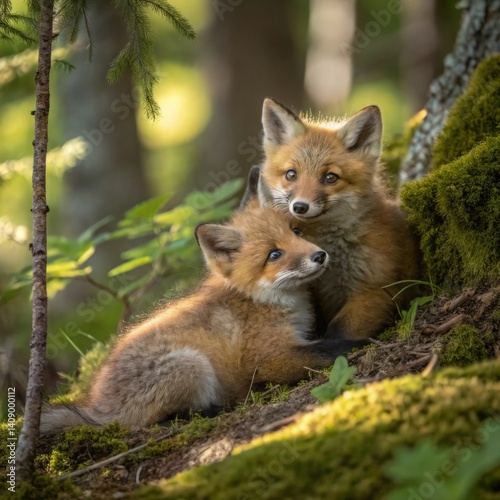 Wild cubs of red foxes cuddle in the forest