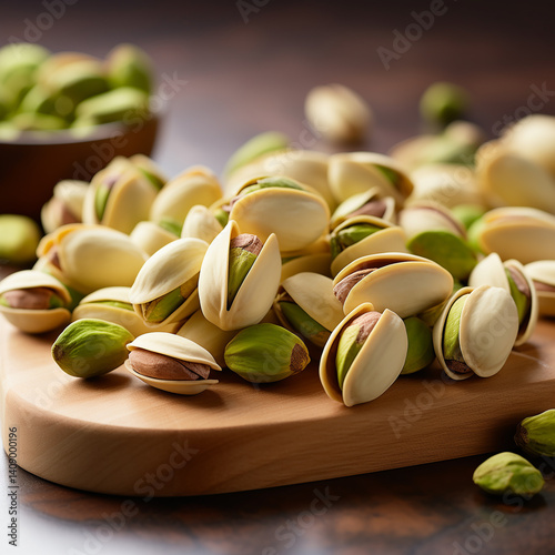 Pile of Pistachios on a Wood Board, Green Nuts with Cream Shells, Studio Shot